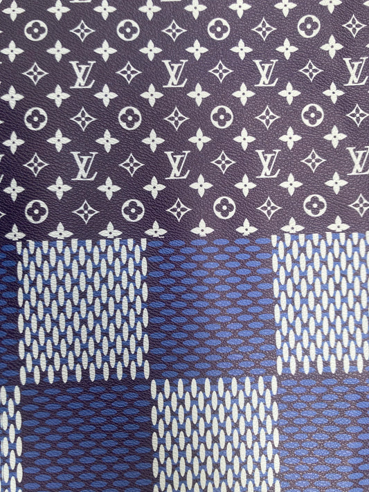 Navy LV Vinyl Damier Monogram Leather Fabric for Custom Sneakers DIY