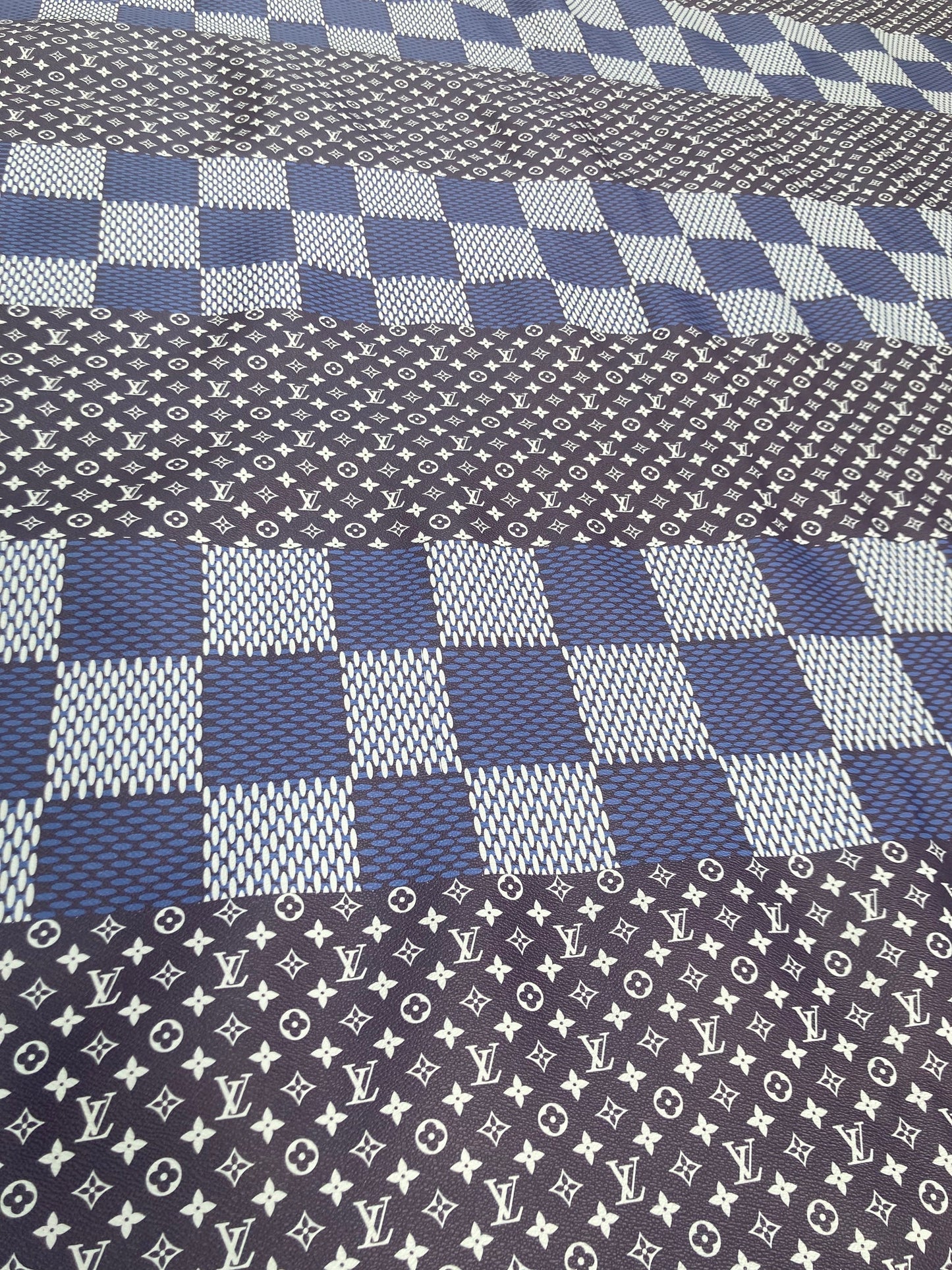 Navy LV Vinyl Damier Monogram Leather Fabric for Custom Sneakers DIY