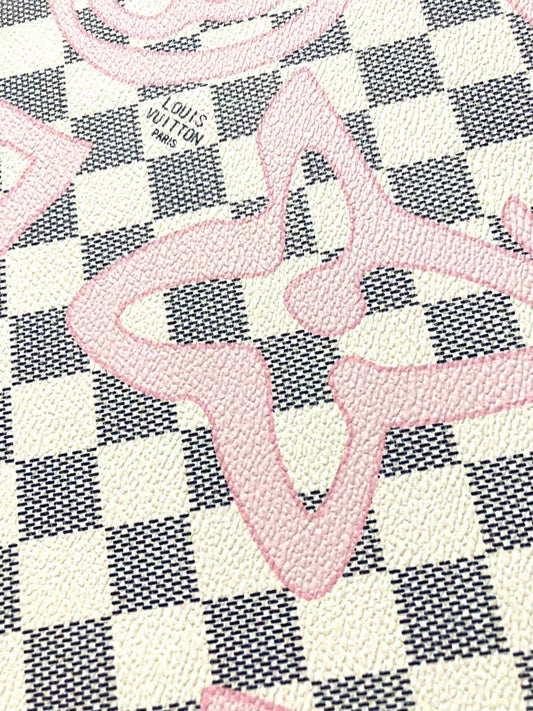 White Damier LV Check Pink Graffiti Designer Vinyl Leather for Bag