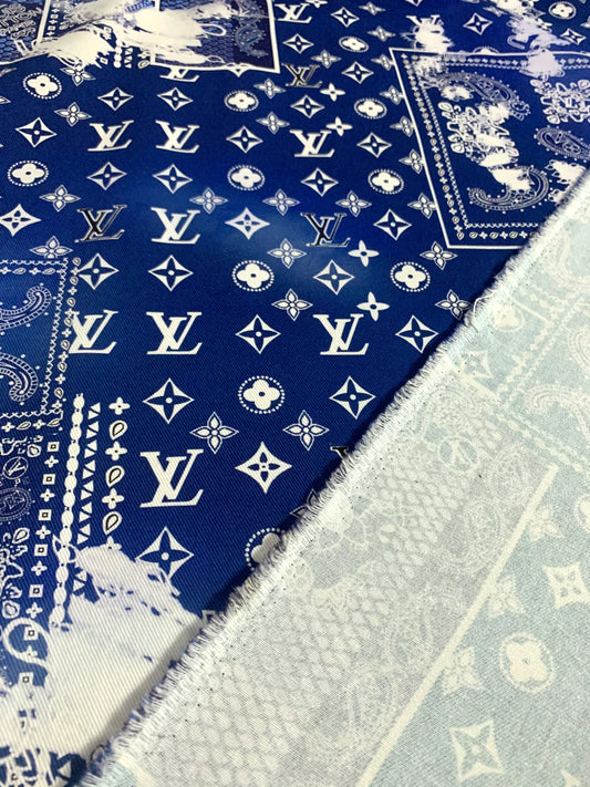 Custom Handmade Blue Print Dye LV Cotton Fabric for Crafting Jacket